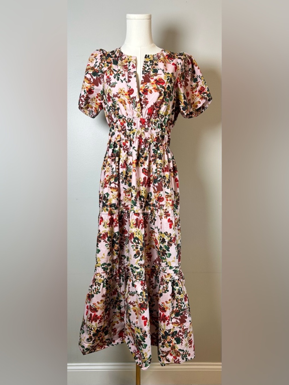 Maeve Anthropologie Pink Floral Maxi Dress size SP tiered puff sleeve pockets